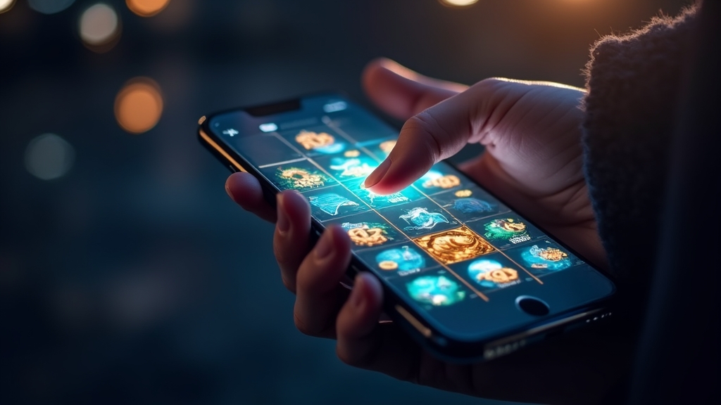 Mobile phone showing a fish-themed casino slot app shortcut in a dark casino setting