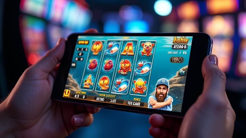 A smartphone displaying bright fish-themed slot reels and bonus symbols