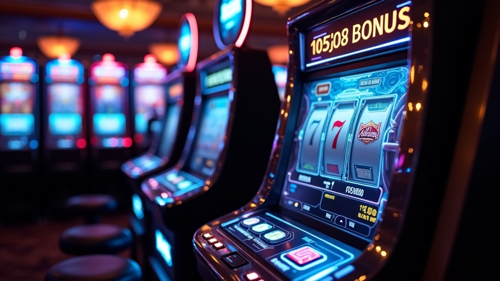 Casino slot screen showing bonus buy and demo modes in a dark neon lounge