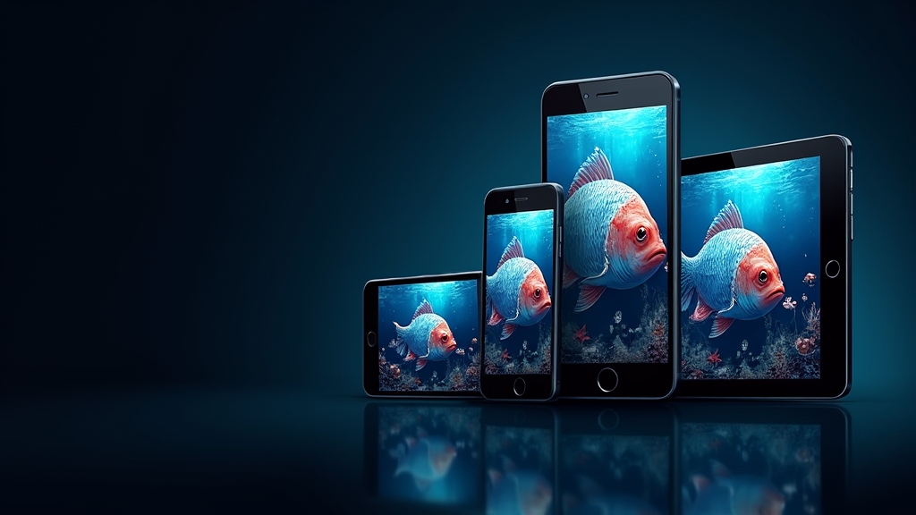 Different phones and tablets displaying a fish-themed slot app with varying performance