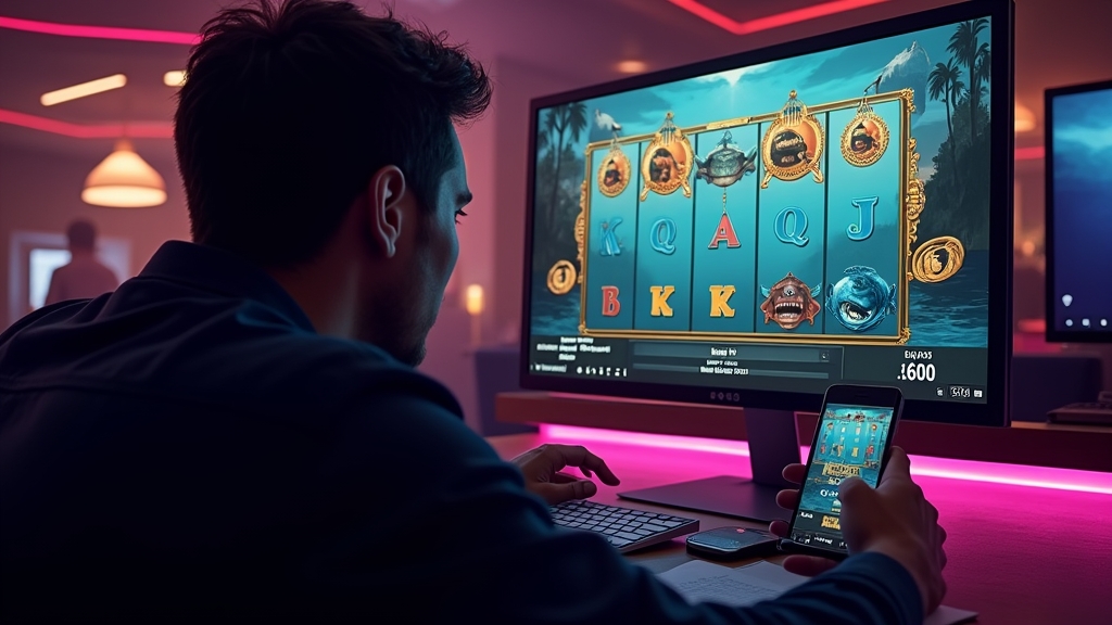 UK player checking slot demo tips on phone and desktop in a dark lounge