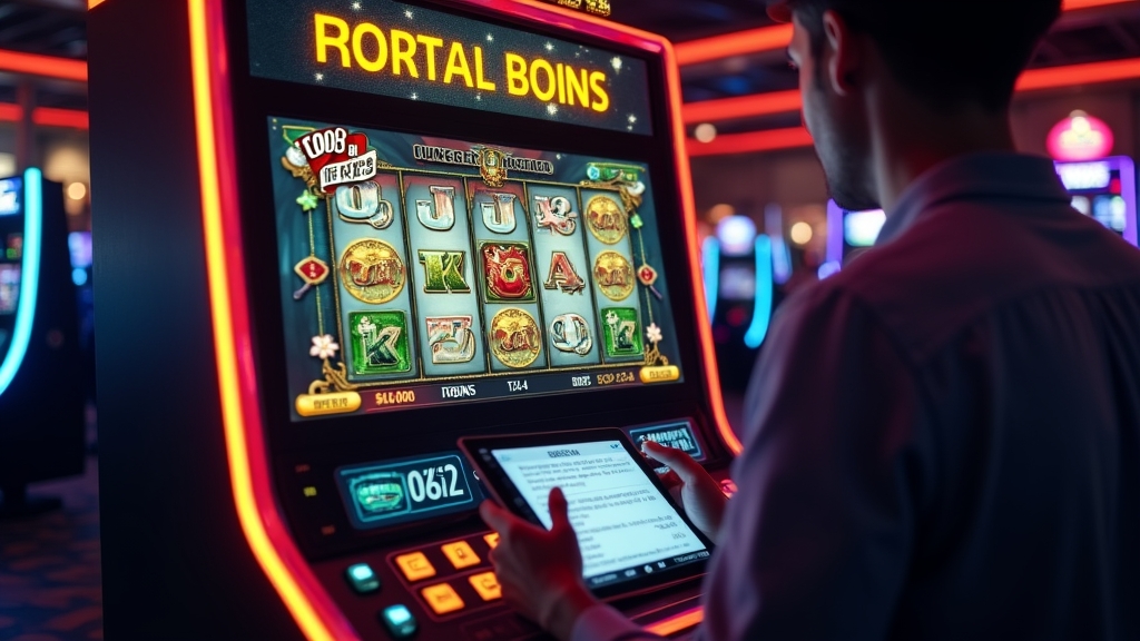 UK player reviewing Big Bass Bonanza bonus terms beside a glowing slot machine