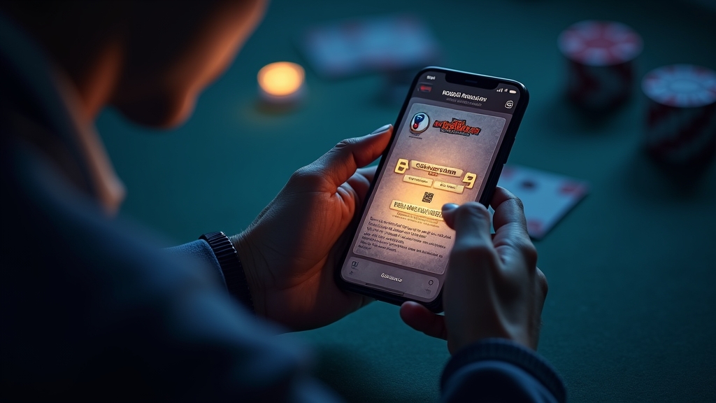 A player checking a secure real-money slot app on a smartphone in a dark casino setting
