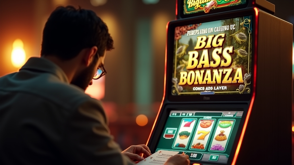 New casino player checking a Big Bass Bonanza sign-up bonus beside a slot machine
