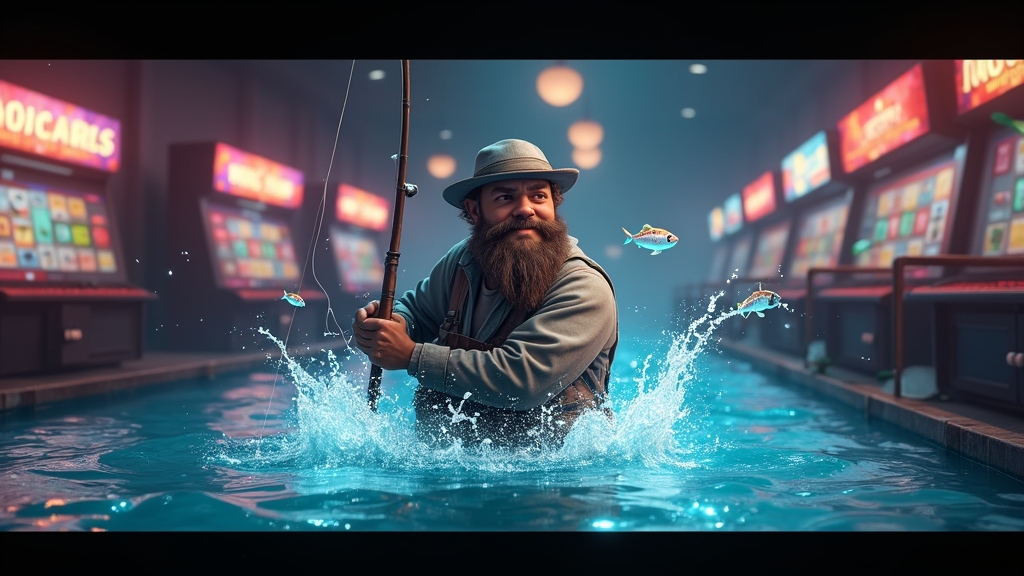Fisherman bonus round with splash effects and glowing cash fish