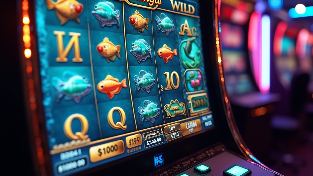 Fishing slot reels with symbols and paytable in a dark casino interface