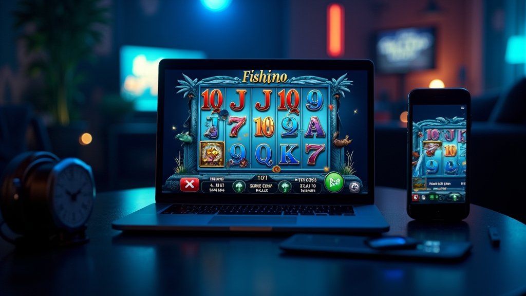 Fishing slot demo shown on a laptop and phone in a dark casino setting